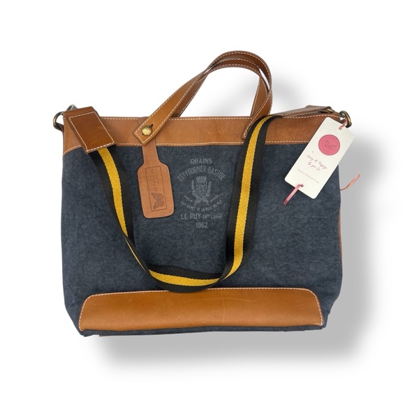 Le Papillon Tote Blue Denim Canvas Brown Leather New